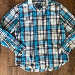 American Eagle Outfitters Blue and White Casual Button Down Shirt L